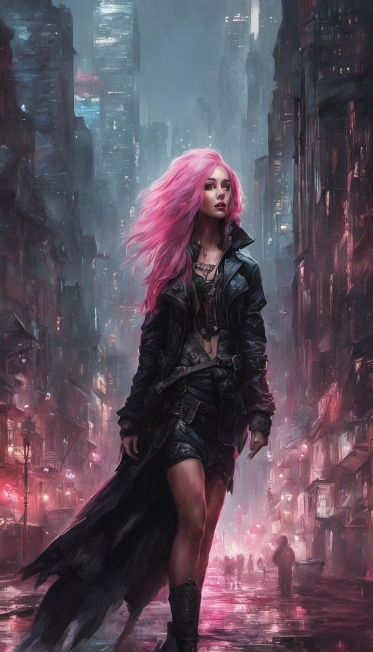 SDXL 1.0: An oil painting of an Urban Magic Woman in Midnigh...