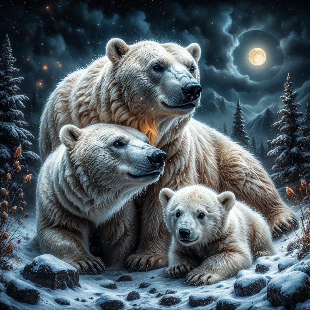 A Polar Bear and cub during a blizzard