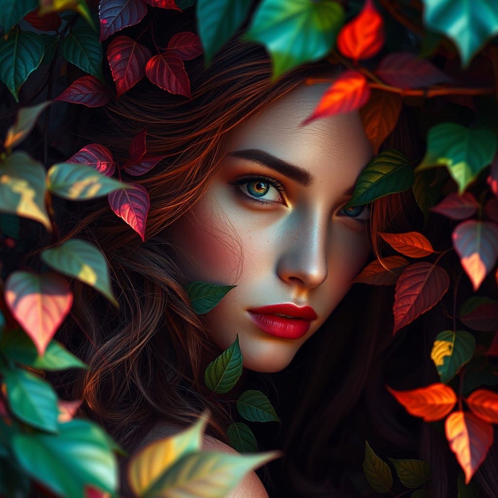Ethereal Woman Emerging from Vibrant Foliage in Cinematic Re...