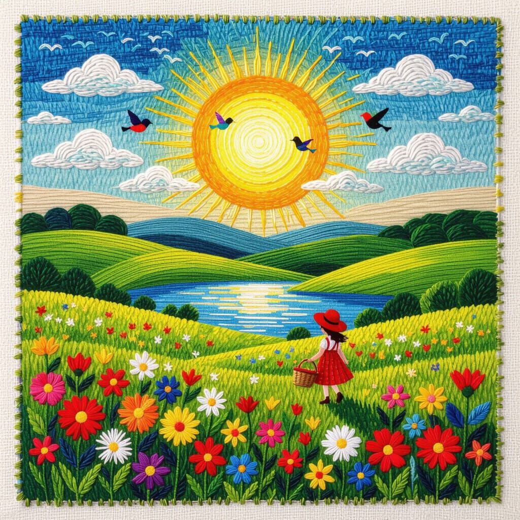 Embroidery style artwork of a bright sunny landscape with rolling green hills, a shining lake, and a radiant sun in the sky. Colorful birds ...