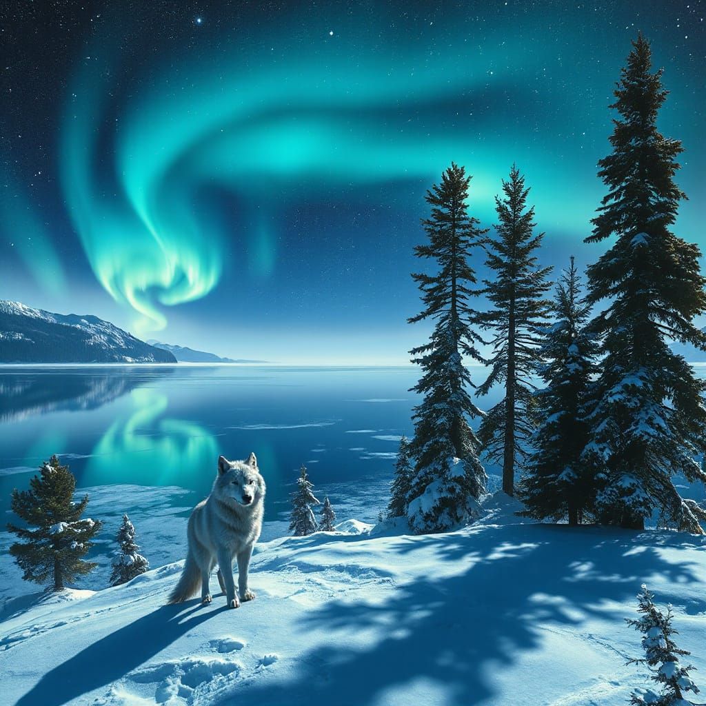 “A luminous aurora spiraling like a celestial river across a crystal-clear night sky, reflected perfectly ...  by @chizzy