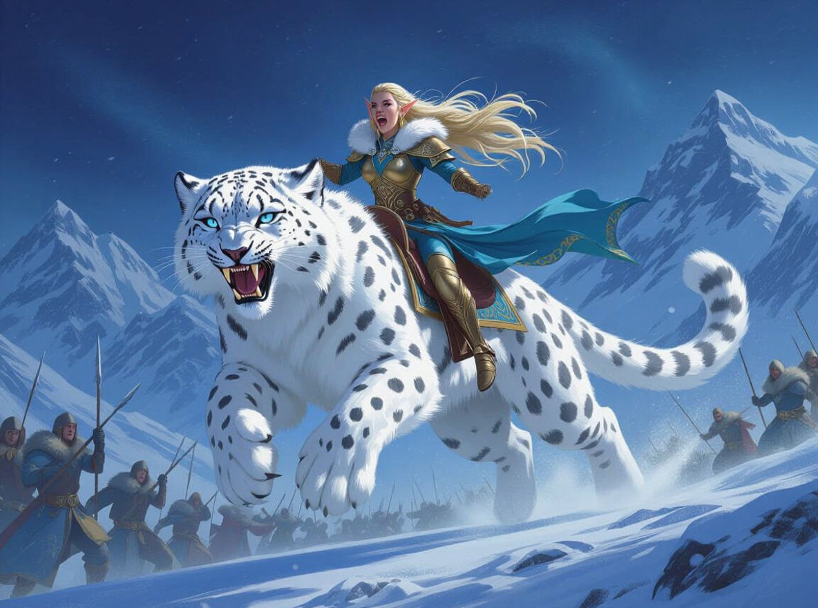 A majestic white snow leopard with piercing blue eyes and sabertooth fangs, leaping through the air on a battlefield, It carries an elegant ...