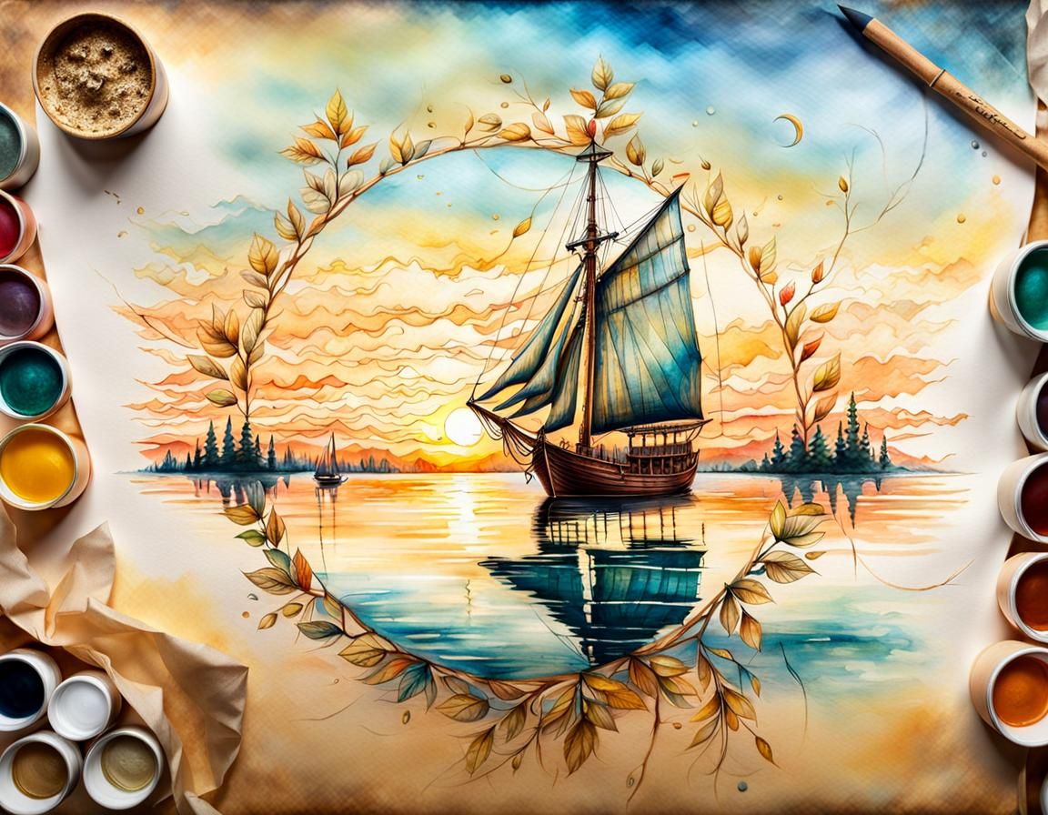 Painting of sailboat in the beautiful lake  by @Bobby