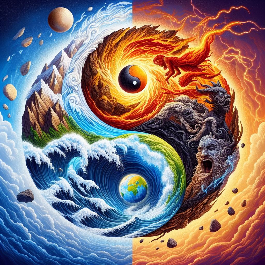 A dynamic yin yang, merging Earth, Water, Air, and Fire in a kinetic ...