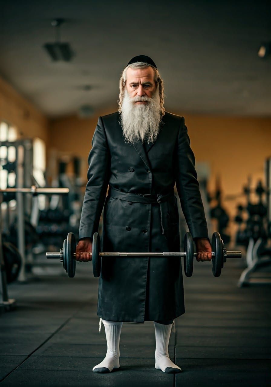 Orthodox Man Lifts Weights with Intensity in Traditional Att...