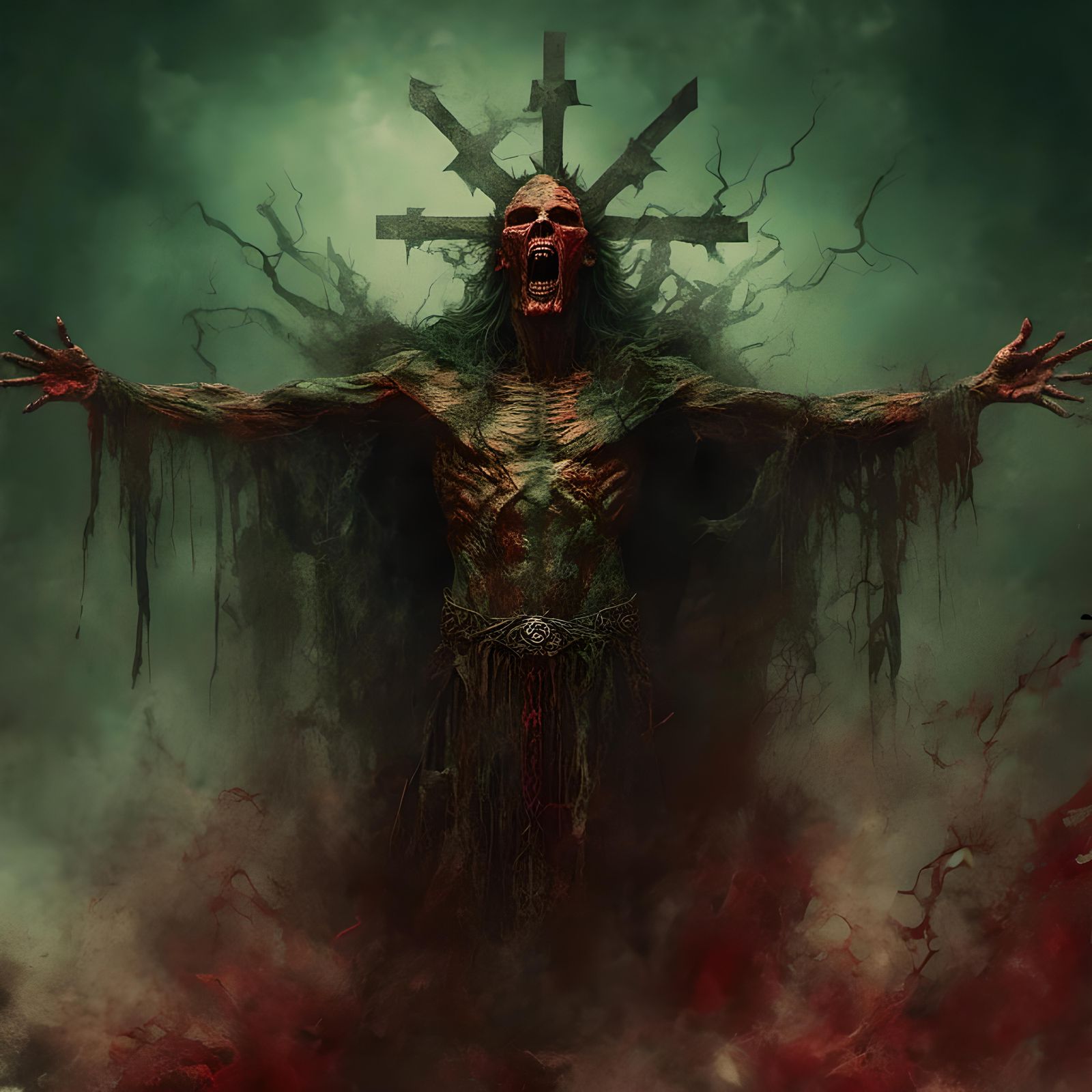 <lora:Macabre:1.0> screaming bloody Giant Janus-faced demon ...