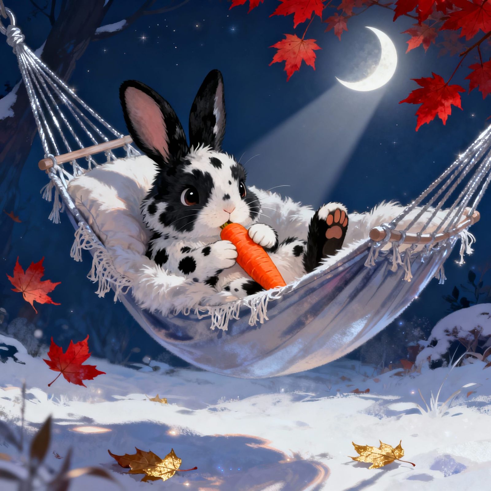 fluffy black and white spotted baby bunny rabbit laying in a cute hammock with back paws out huge cute ...  by @Mascotje