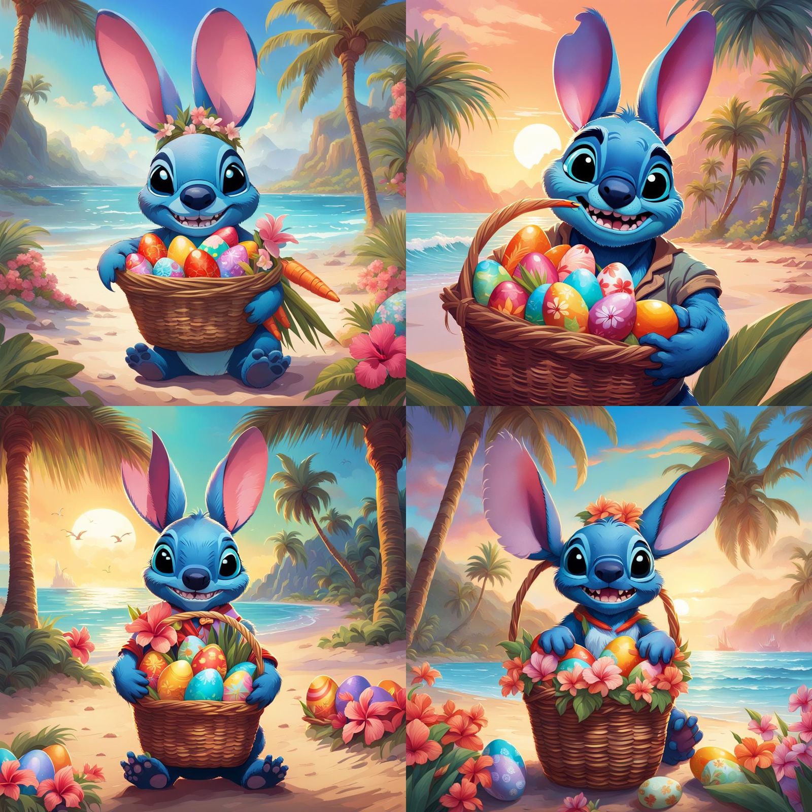 Disney stitch dressed up as the Easter bunny with a basket o...