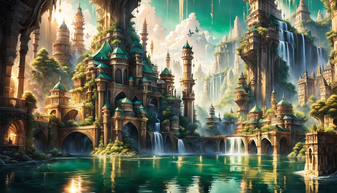 a fantasy city built on the side of tall cliffs, with white and gold buildings, waterfalls flowing into an emerald lake at its base, bridges...