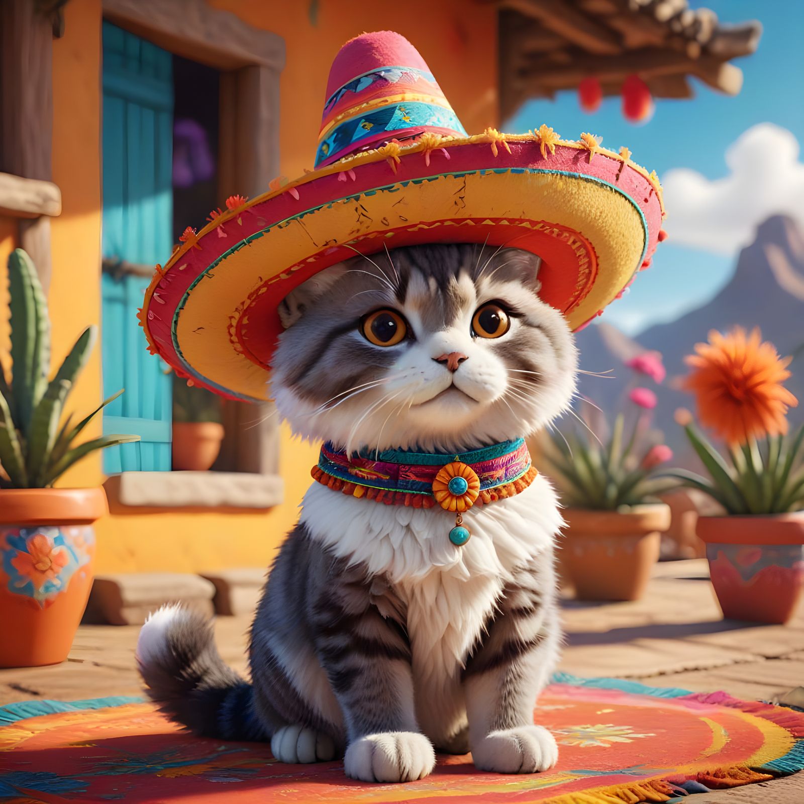 “Create a whimsical illustration of an adorable animal wearing a sombrero, either a cat with fluffy fur ...  by @EB