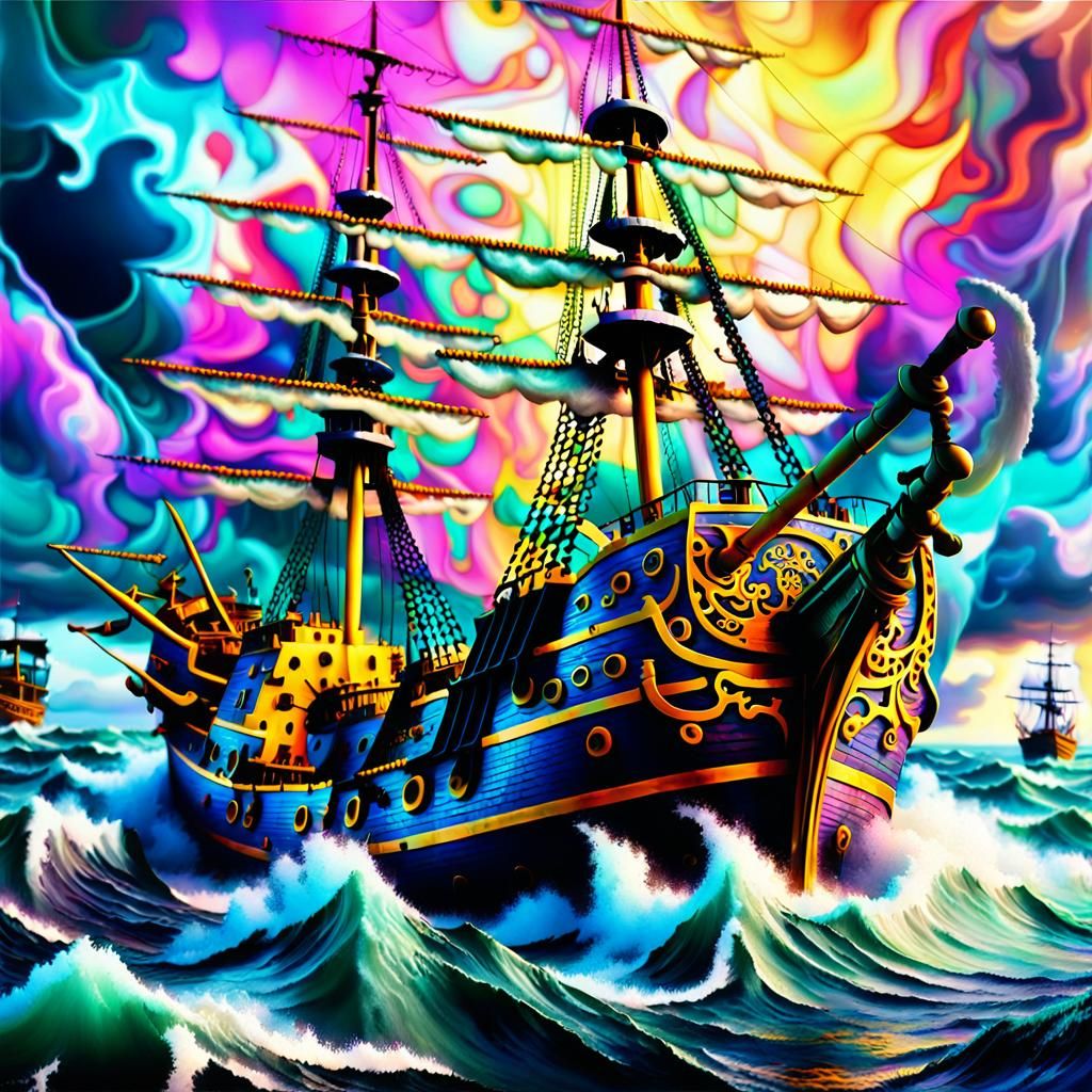 pirates sailing stormy seas mid shot (8k HD panoramic photog...
