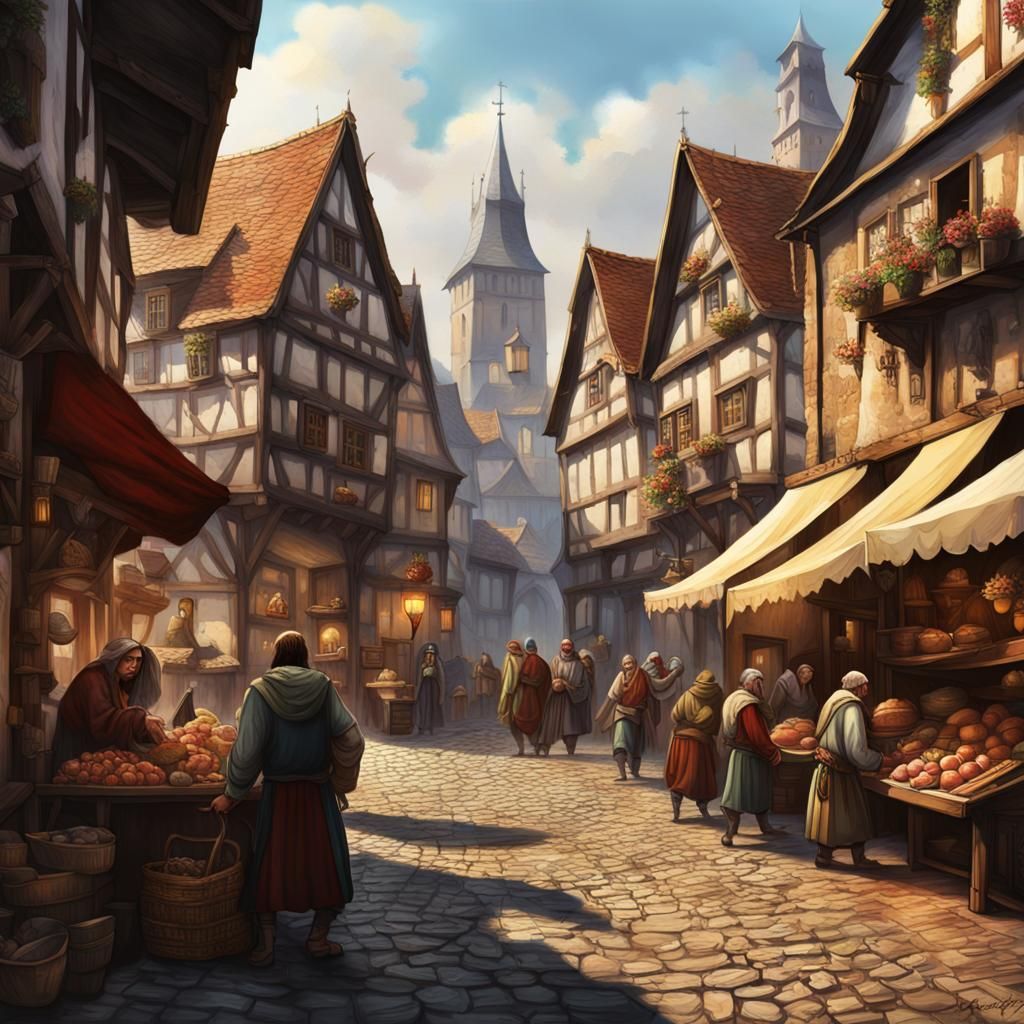 A realistic looking photo quality medieval town with the tow...