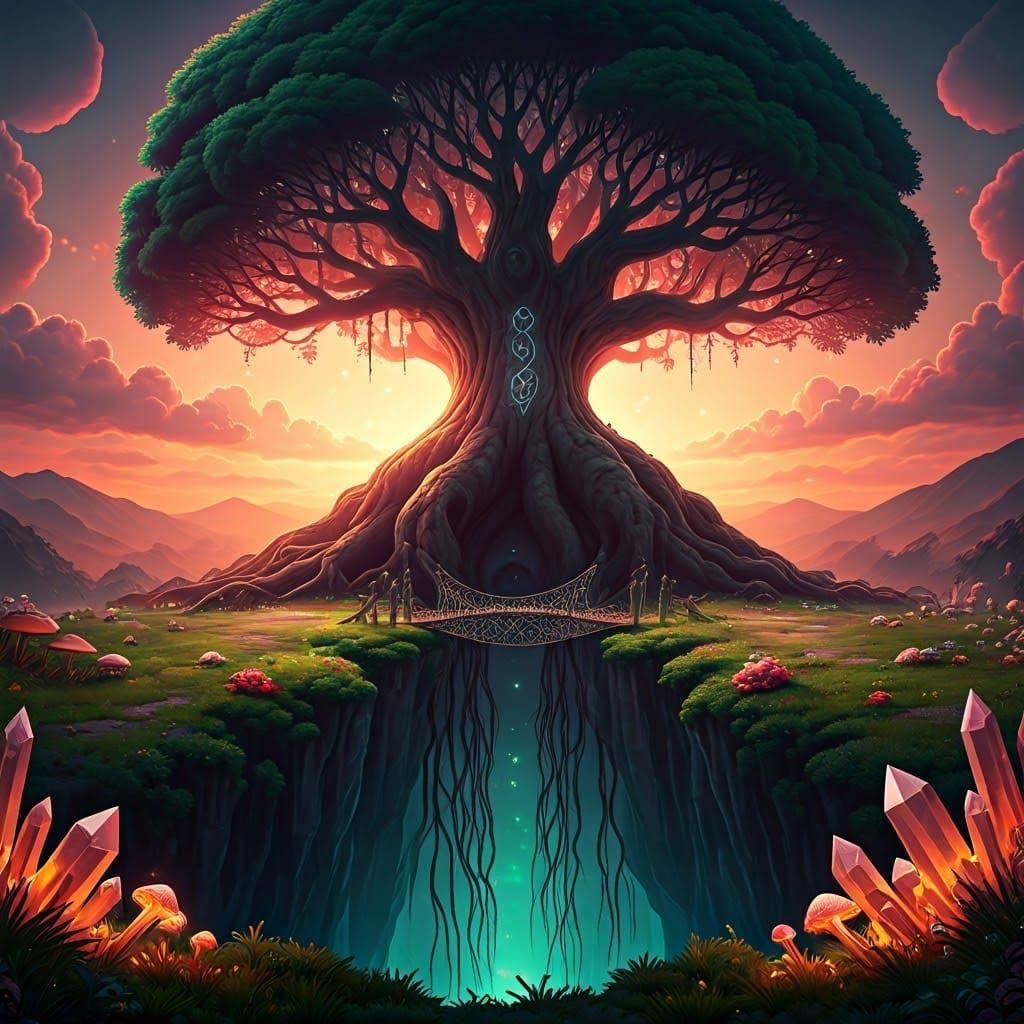 Ethereal Fantasy Landscape with Ancient Tree and Iridescent ...