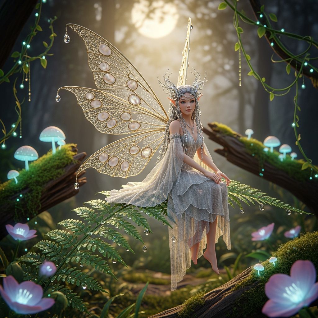 Beautiful filigree winged fairy clad in guaze