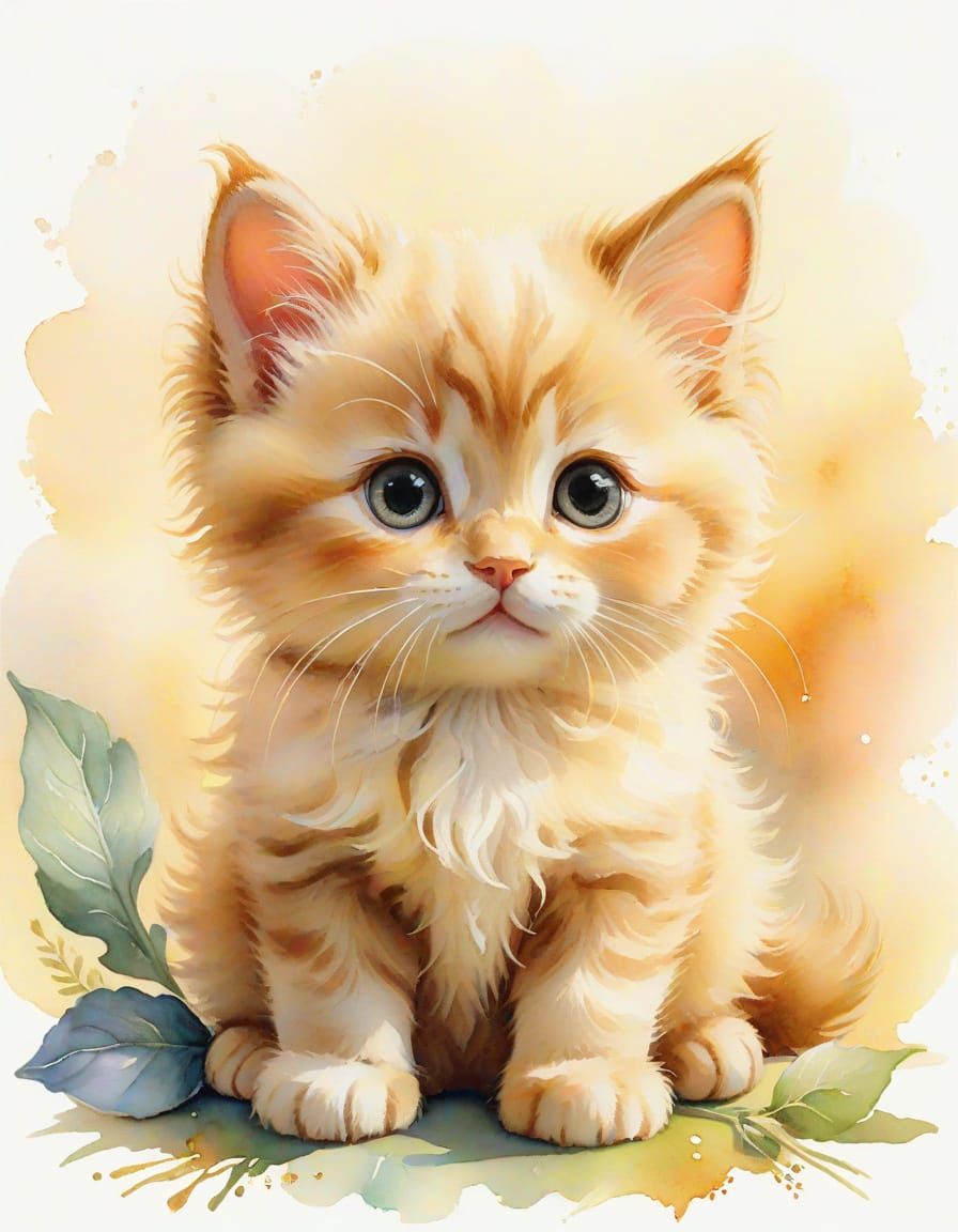 Whimsical Watercolor of a Cabbage Patch Kitten in a Soft Pas...