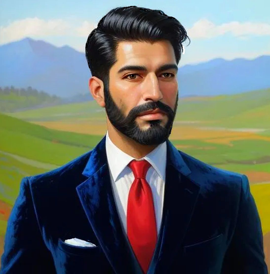 Gentleman with   black  beard   wearing  a   blue  velvet su...