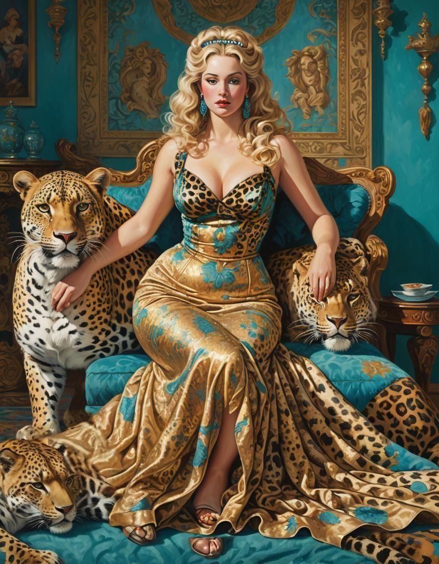 CURVY fat BLONDE VENUS in golden dress, Leopard, carpet, turquoise background 