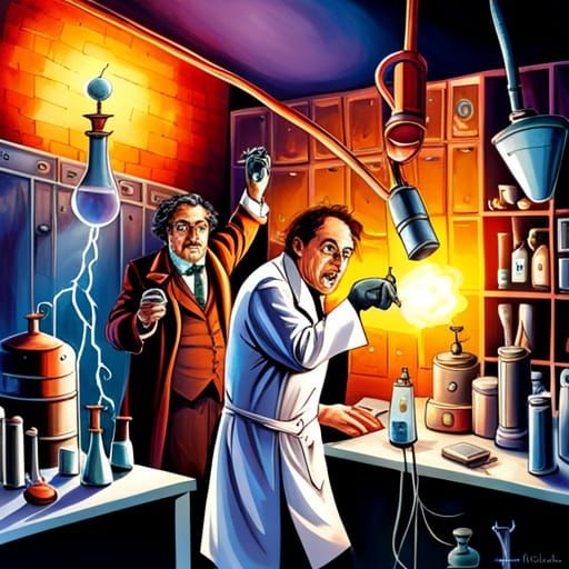 zany mad scientist in their laboratory with bubbling beakers Tesla ...