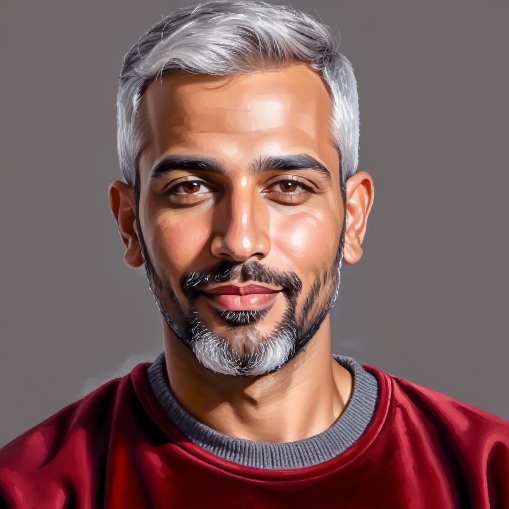 A handsome grey-haired man wearing a red sweater