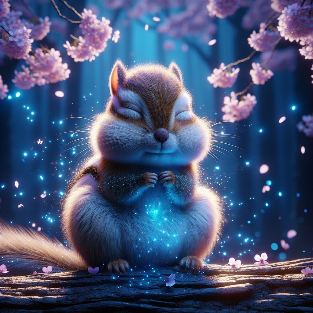 Blissful Chipmunk Under Cherry Blossoms in Digital Art