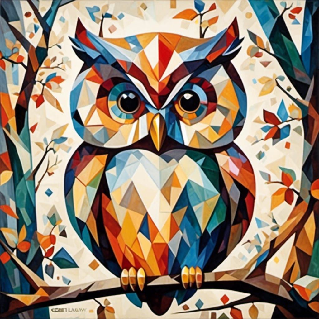 <lora:Crystal Cubism:0.7> Colorful Crystal Cubism, geometric shapes, owl, tree, adorable, cute, masterpiece, Robert Delaunay 