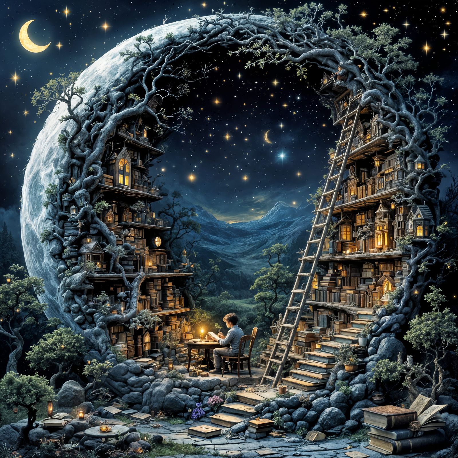 Surreal Moonlit Library Scene in a Fantastical Style