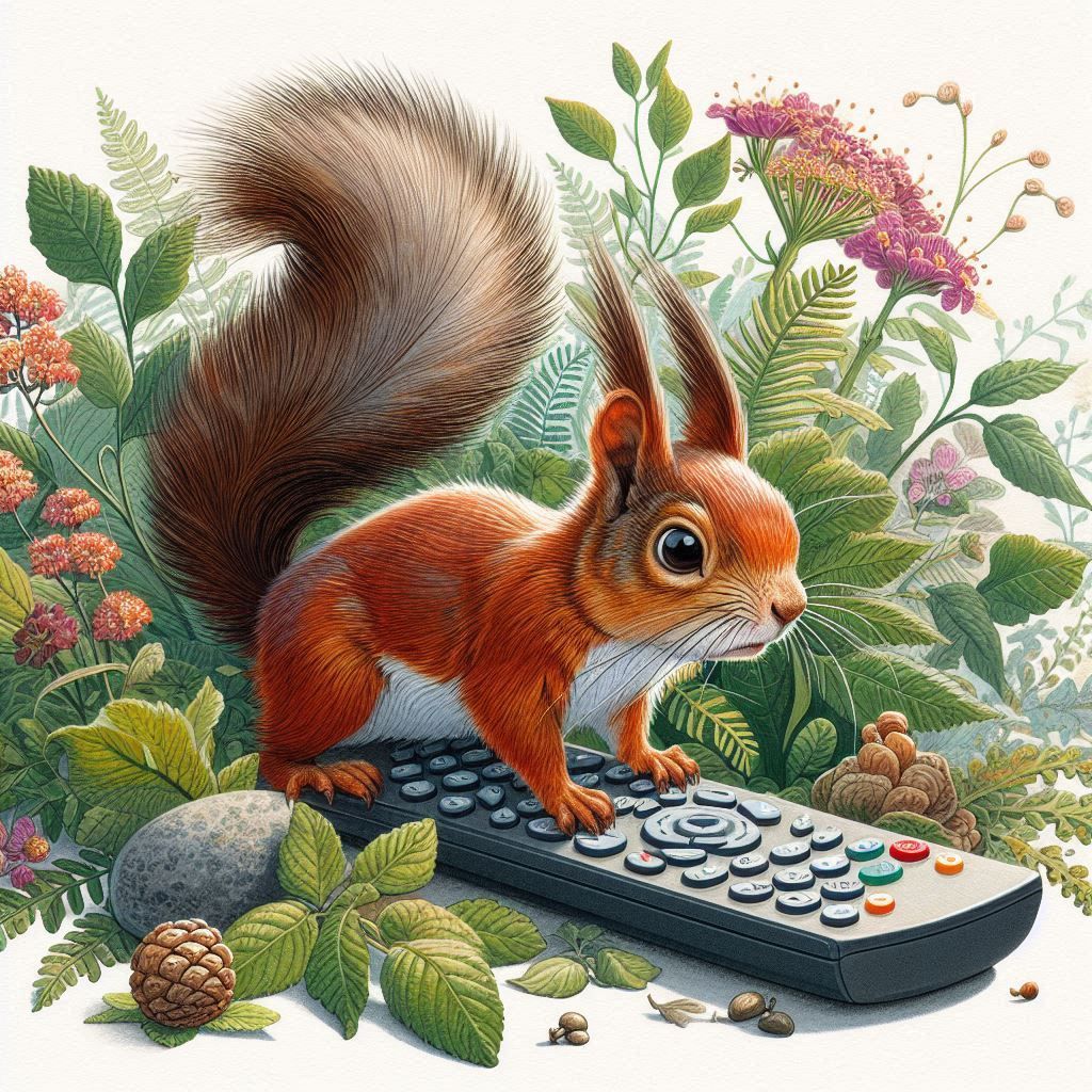 A disgruntled squirrel turns towards the remote control in a botanical illustration.