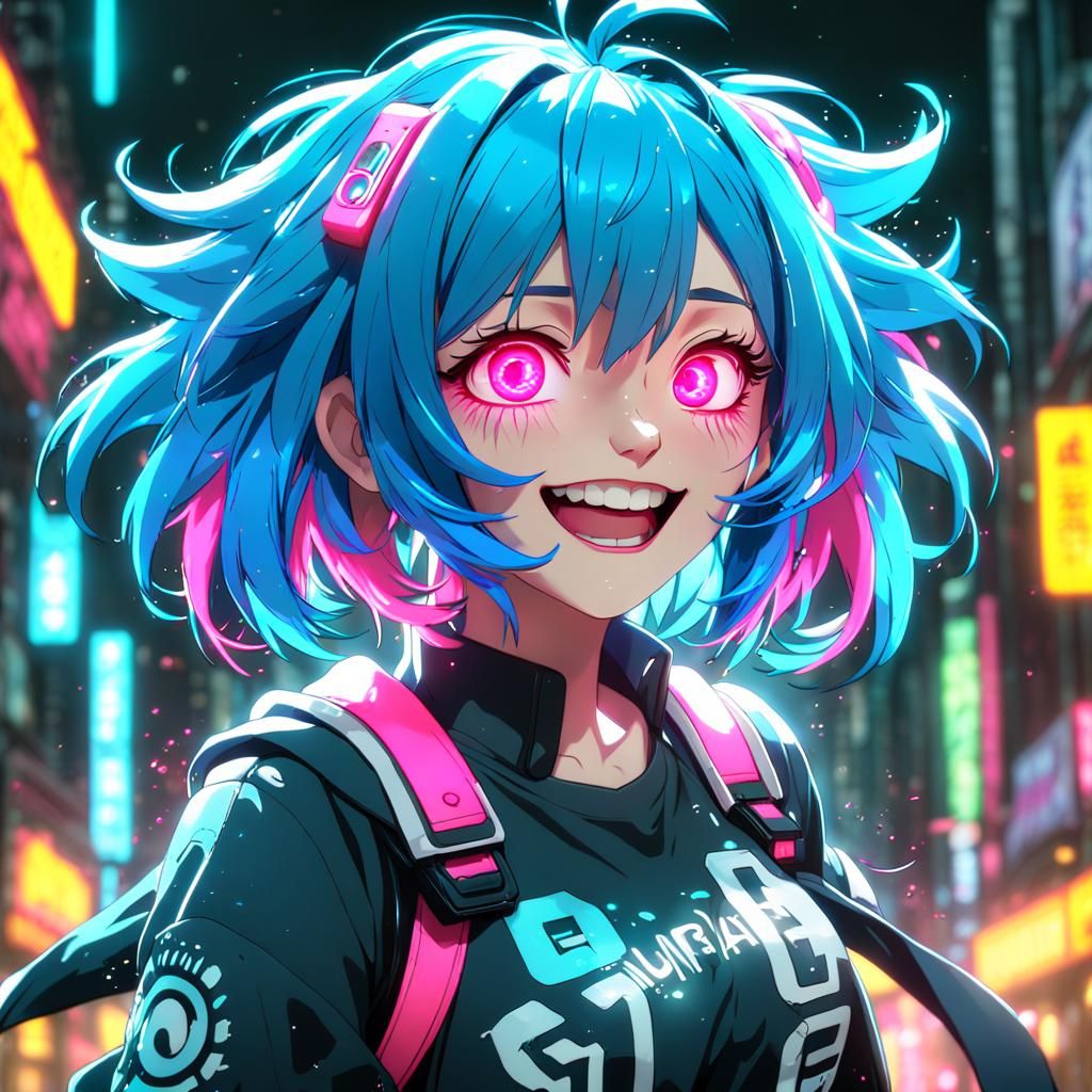 anime girl with neon blue hair and neon pink eyes, laughing at something  someone said - AI Generated Artwork - NightCafe Creator