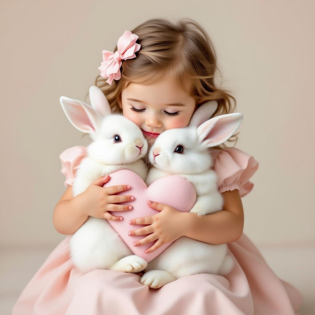 Adorable Baby Girl Hugs Rabbit in Heart Shape