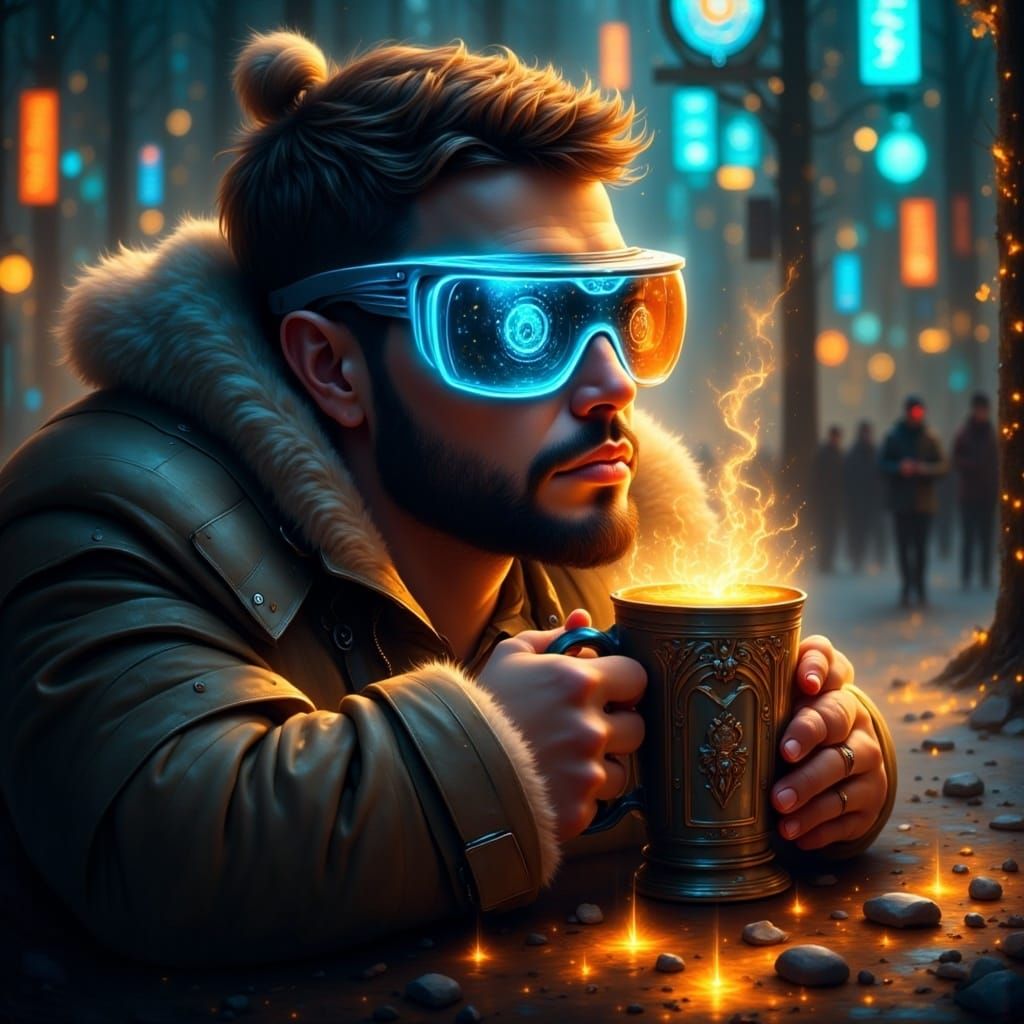 <lora:Inconceivable Flux:1.0>  A man with a cool augmented reality glasses sipping a steaming mug of coffee 