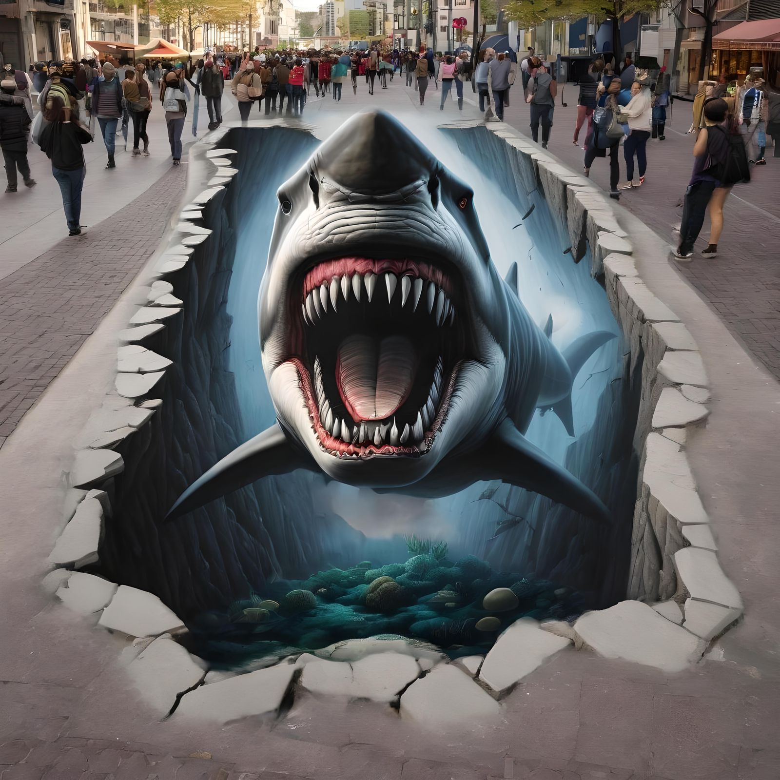 Illusionary Chalk Art of a Megalodon   by @Cricket
