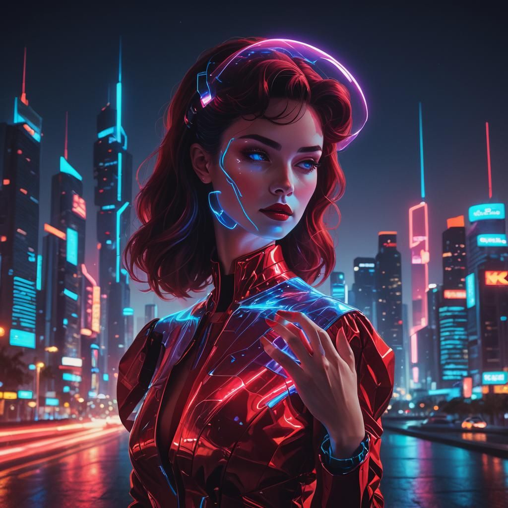 Futuristic cityscape at night. Woman in red dress holding gl...