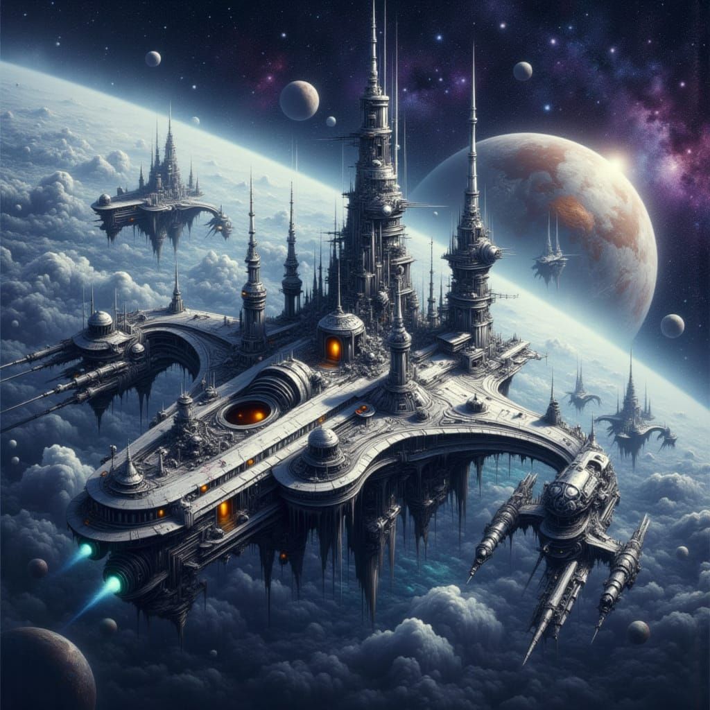 <lora:Elegant Paint Drip:1.0> Generate a hyper-realistic and extremely detailed depiction of a sci-fi scene, inspired by the themes of Treas...