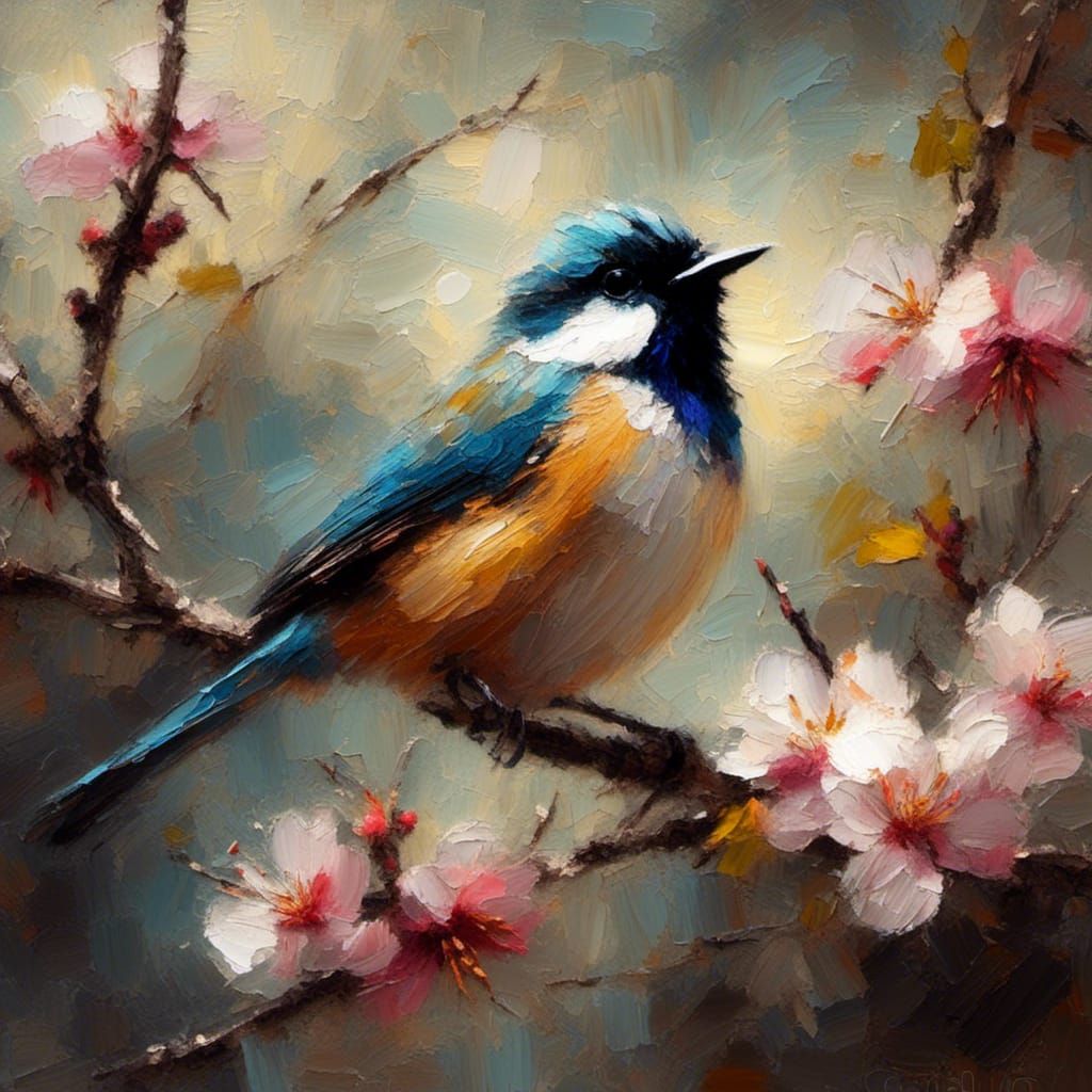 <lora:HRH-oil and grunge:1.0> Hyper realistic grunge oil painting. Portrait of ethereal songbird on a blossom branch. Beautiful. Chiaroscuro...