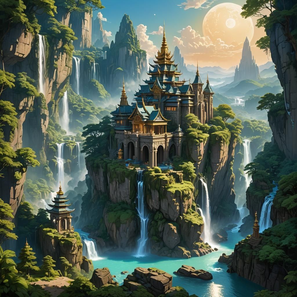 Mythical realm with a majestic temple complex stands atop a rocky cliff, surrounded by a lush forest ...  by @undefined