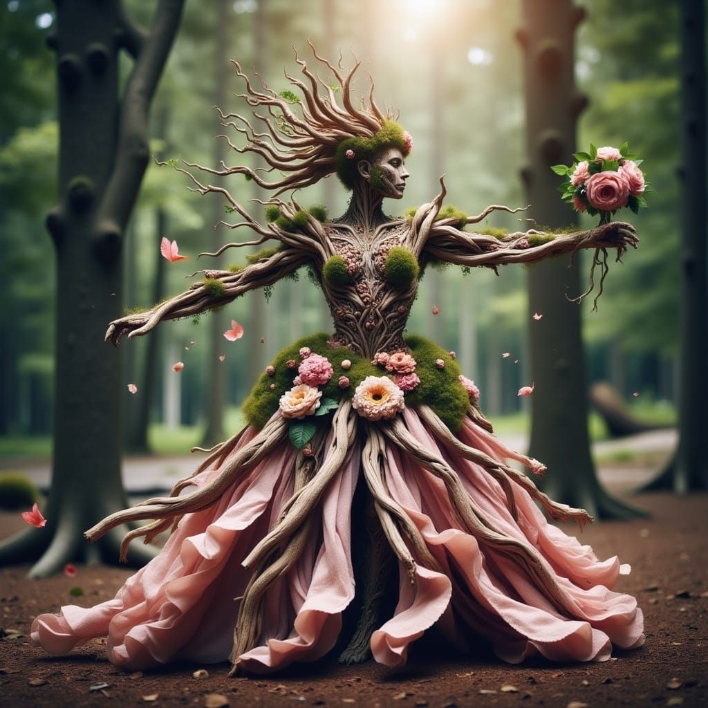 Dryan in ballgown made of Sakura petals and bark <lora:Terra Flux:1.0> beautiful forest 