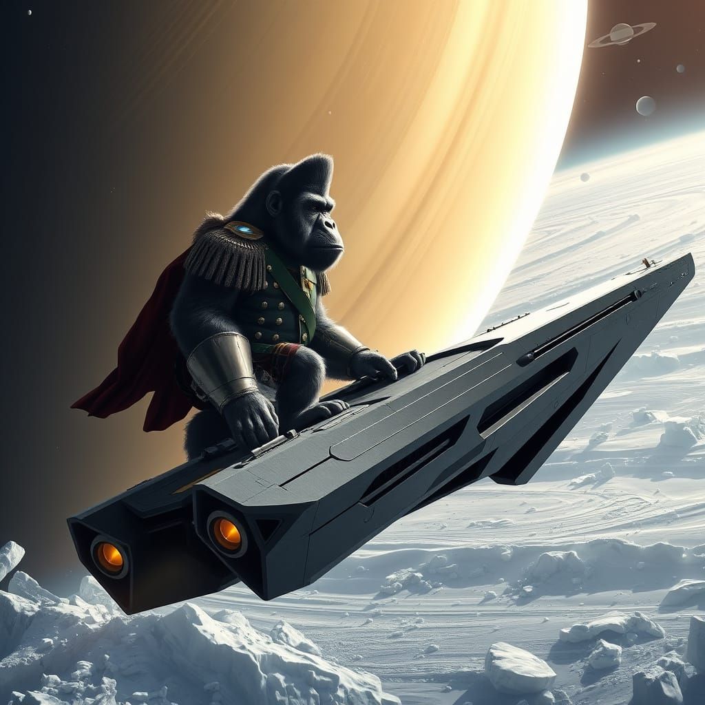 Cyberpunk Gorilla Admiral Conquers Saturn's Rings