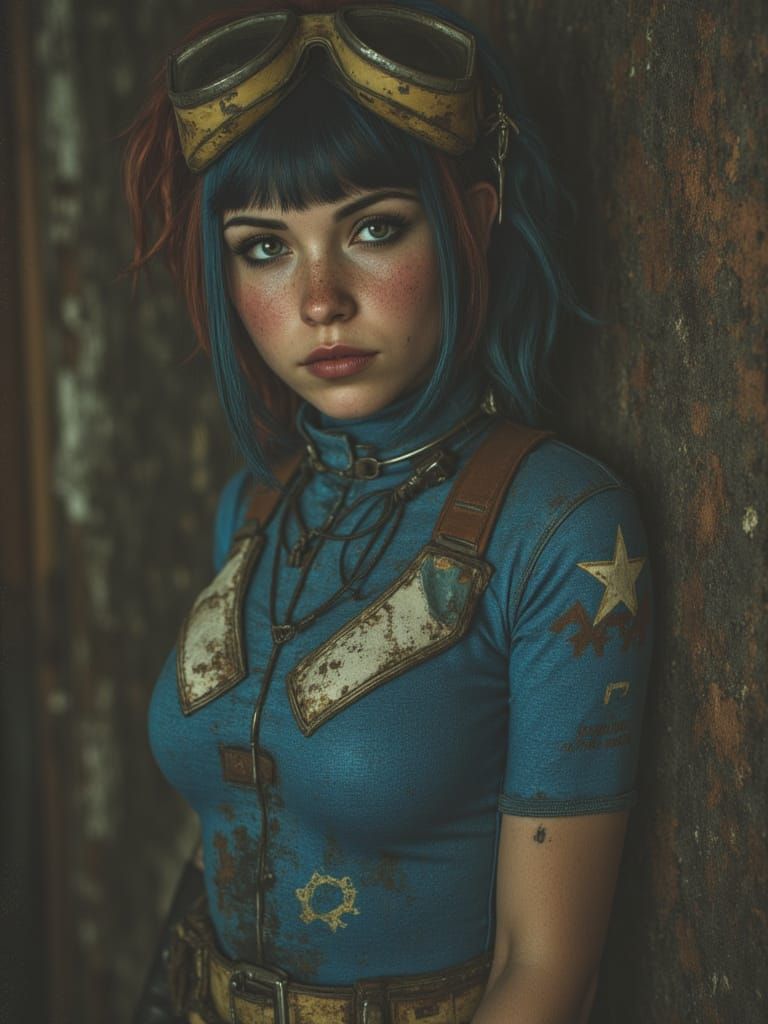 <lora:CUDtest:1.0> fallout bunker dweller, blue fallout bodysuit