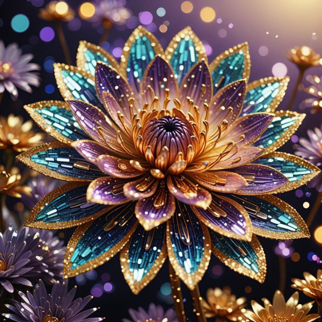A colorful flower with petals adorned with thousands of shimmering, iridescent sequins.  by @Suz
