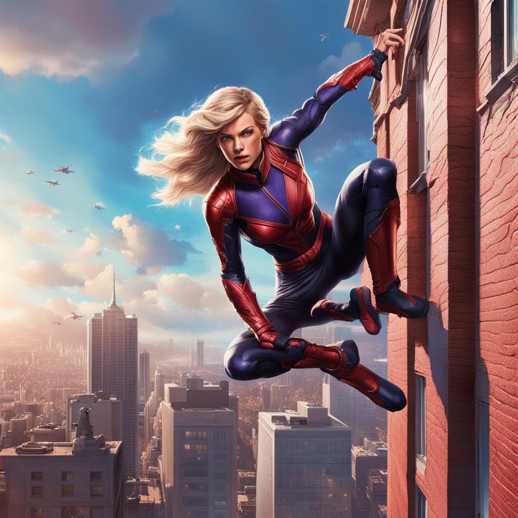 Taykor Swift in Xatwoman outfit climing up the side of a bui...