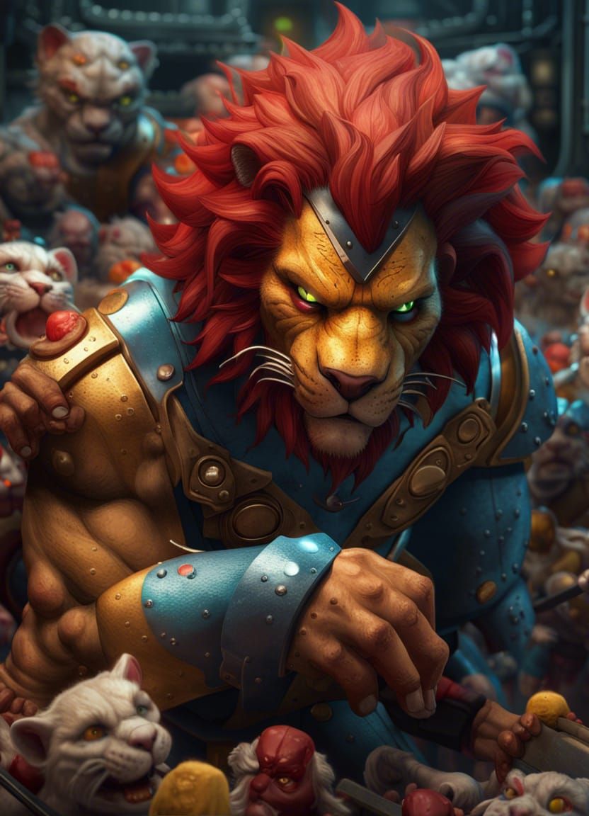 Lion-O Thundercats sitting in kitty litter box, intricate el...