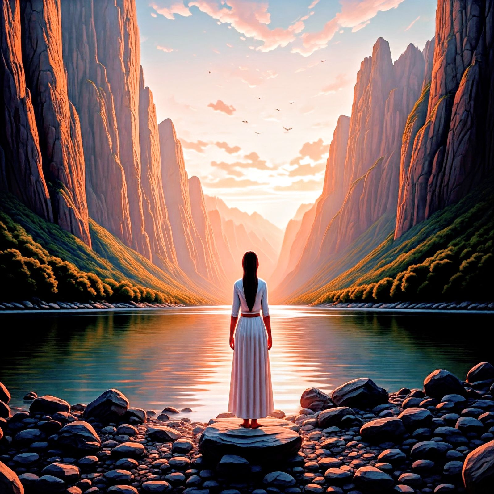 A girl by a lake in the mountains