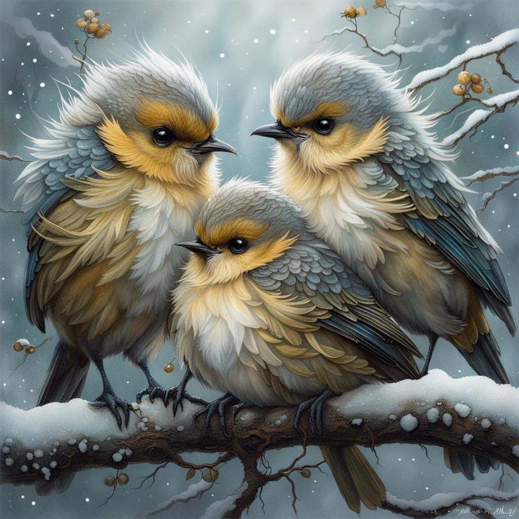 cute fluffy little Birds huddle together in winter while it's snowing, by Yoann Lossel, Rebecca Guay ...  by @Tina auf der Blumenwiese