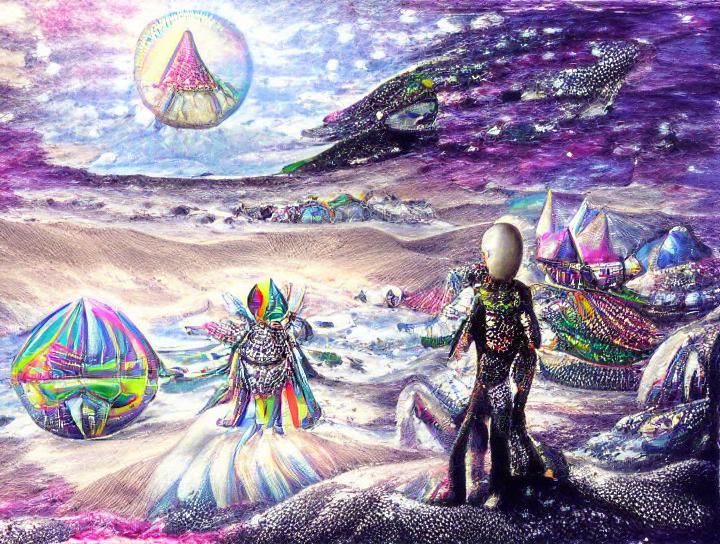an alien human hybrid standing on a beach next to a huge spa...