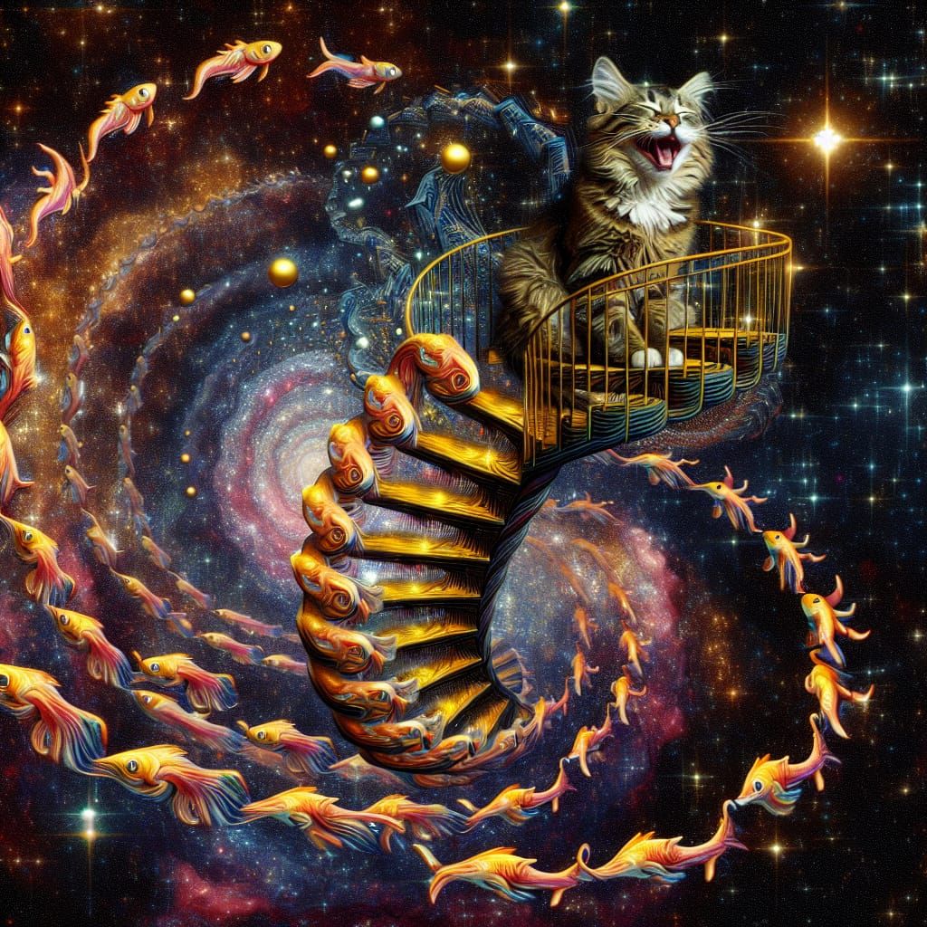 A hysterically laughing whimsical surreal anthropomorphic tabby cat perched atop a spiraling staircase ...  by @Carol B