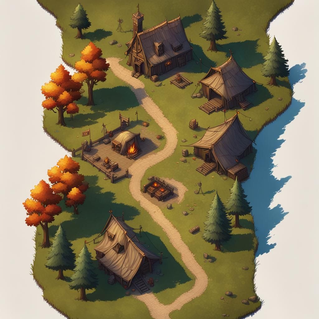 aerial view, battle map, medieval RPG art, road, caravan cam...