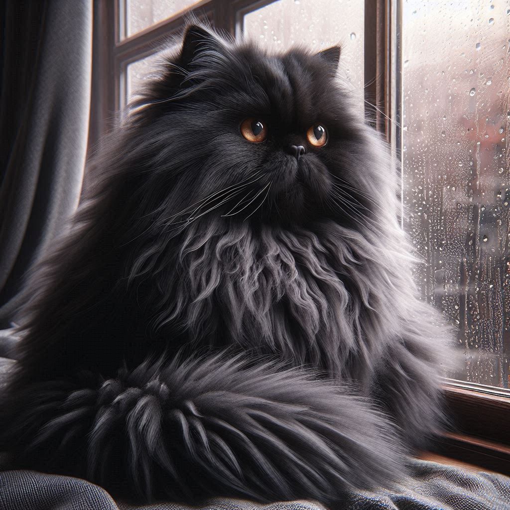 Black Persian Cat in a Window on a Rainy Day