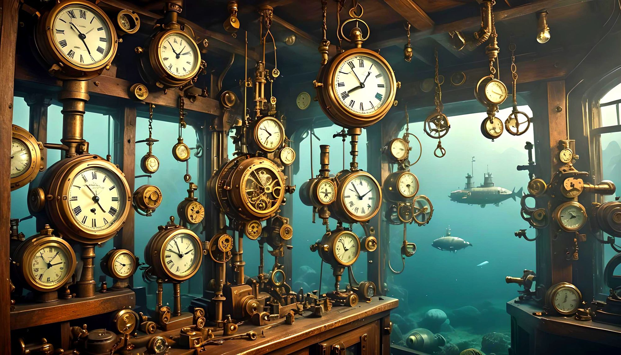 Photograph of an old watch workshop with antique clocks in the mountains under the ocean, central composition with greater depth of field, s...