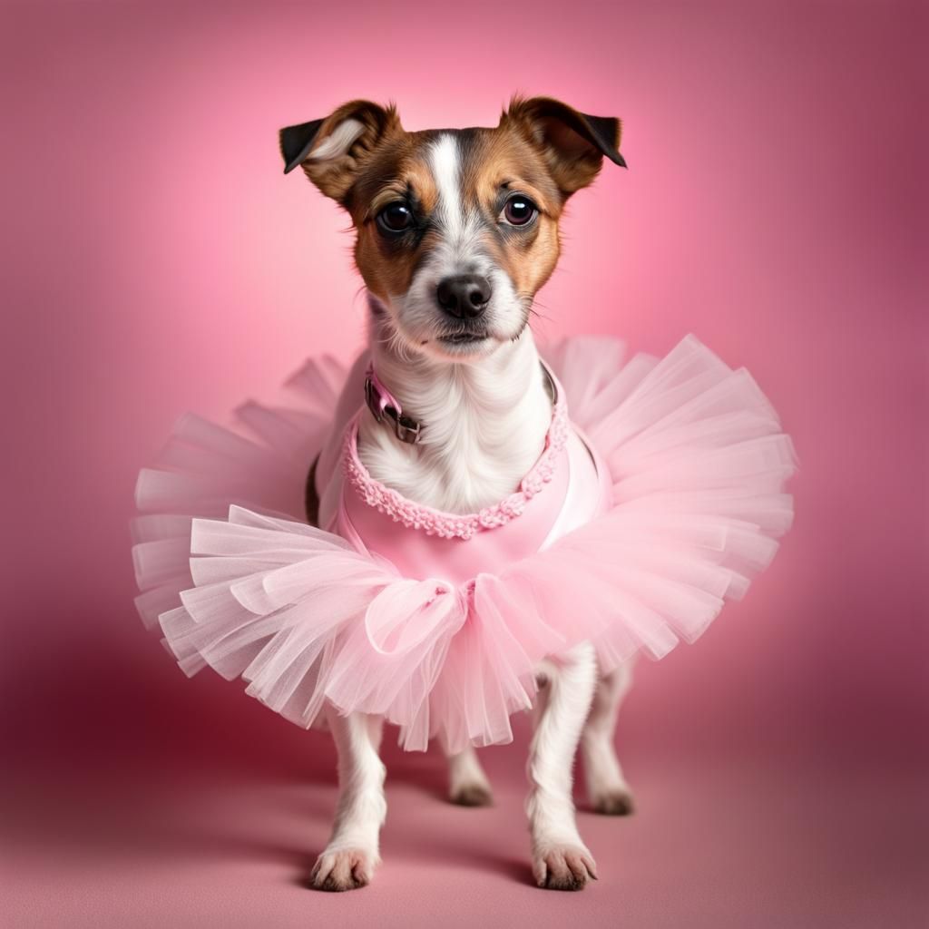 An adorable Jack Russell Terrier in a tutu dress striking a pose on a pink background. AI Generated Artwork NightCafe Creator