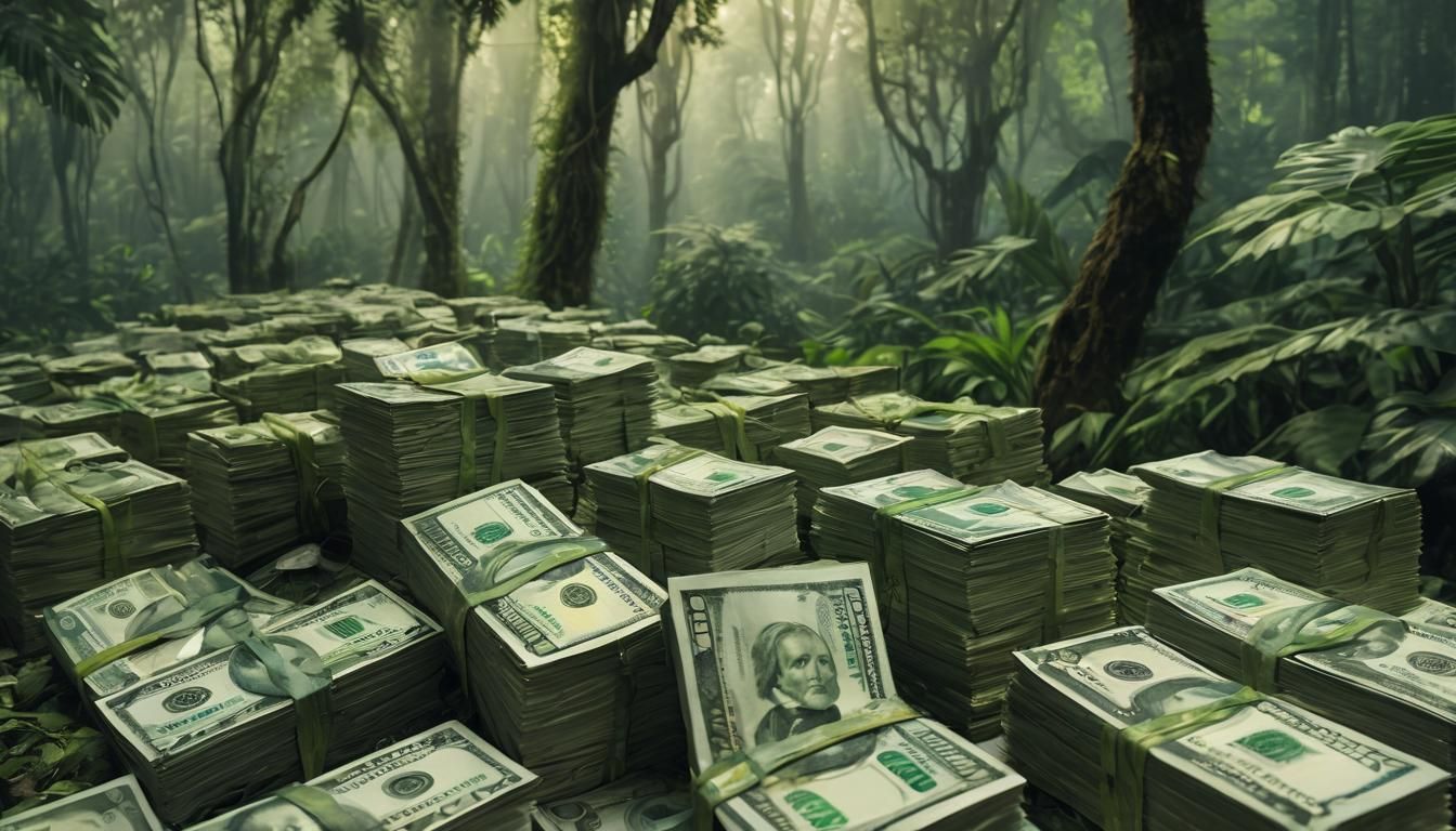 trees made of money, tropical jungle made out of money, lush...